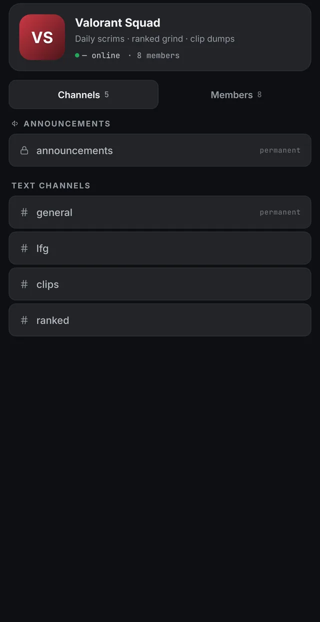 Viper — community channels: announcements, general, lfg, clips, ranked