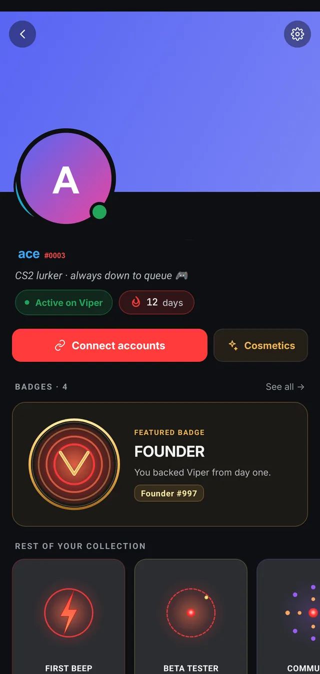 Viper — friend profile with a 12-day streak and earned badges